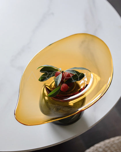 Amber Black Handmade Footed Glass Fruit Bowl - scene