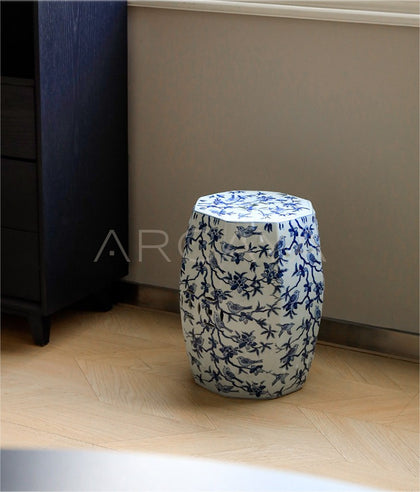 New Chinese Blue White Birds Ceramic Drum Stool - scene