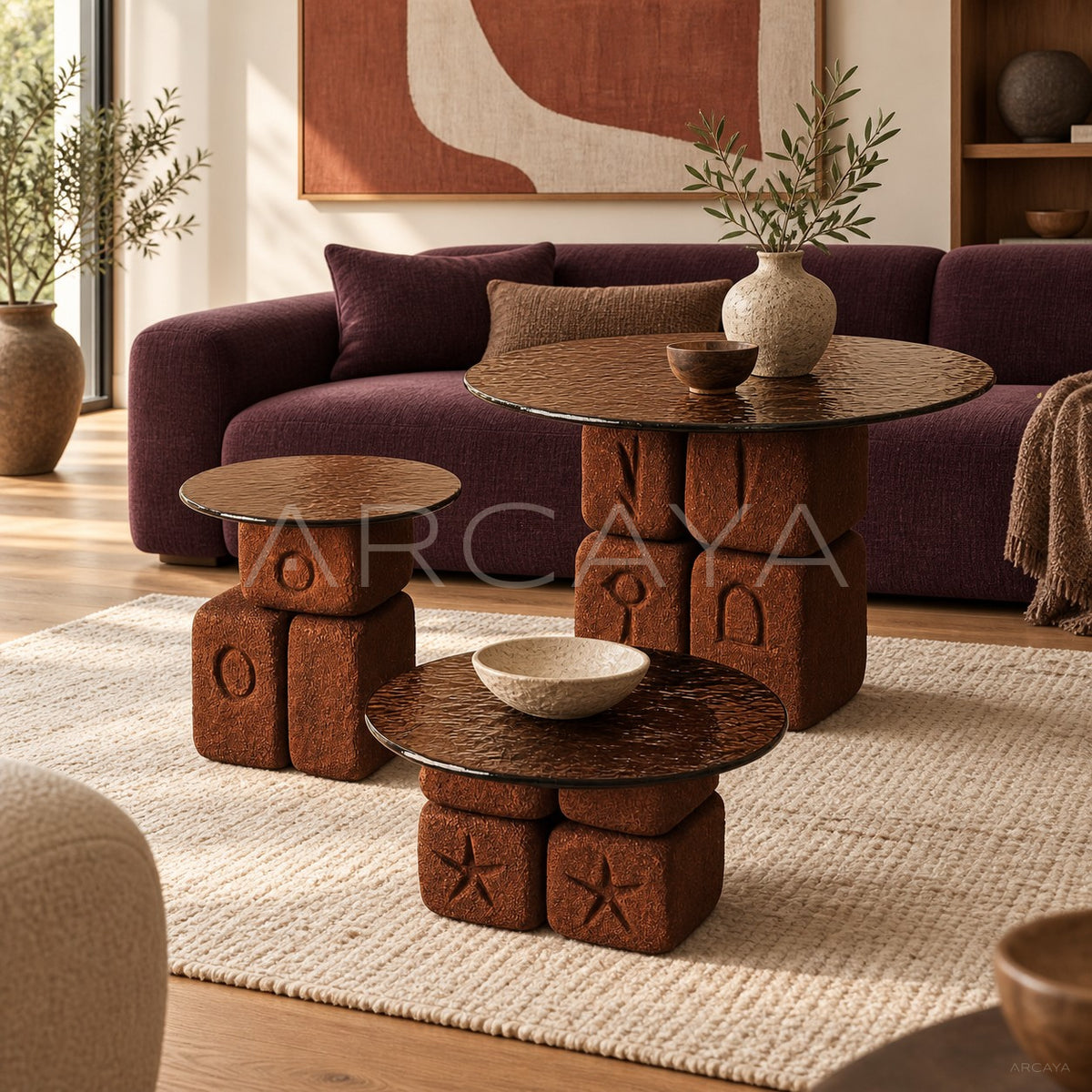 Hand Carved Symbol Hammered Glass Stacked Table Set - main