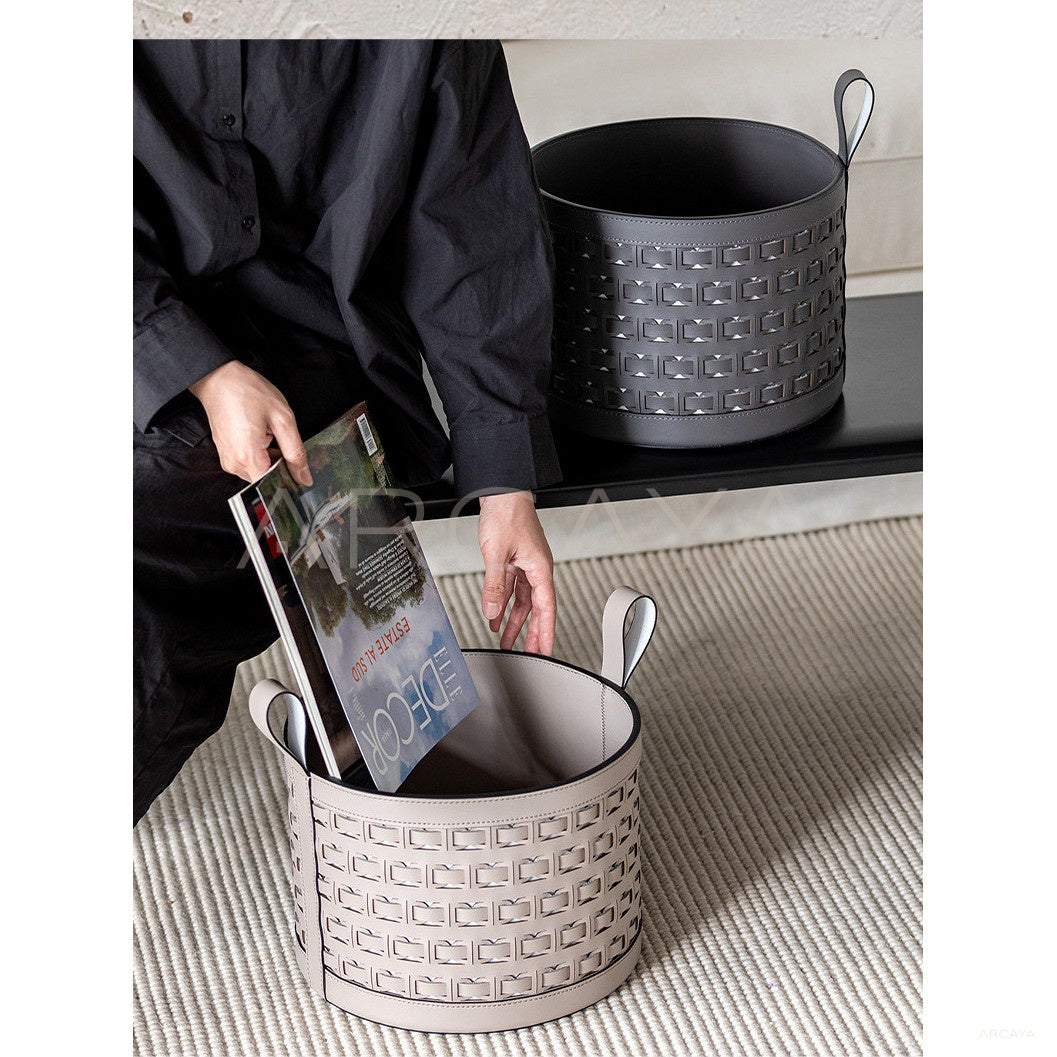 Handwoven Leather Storage Bucket With Handle in detail