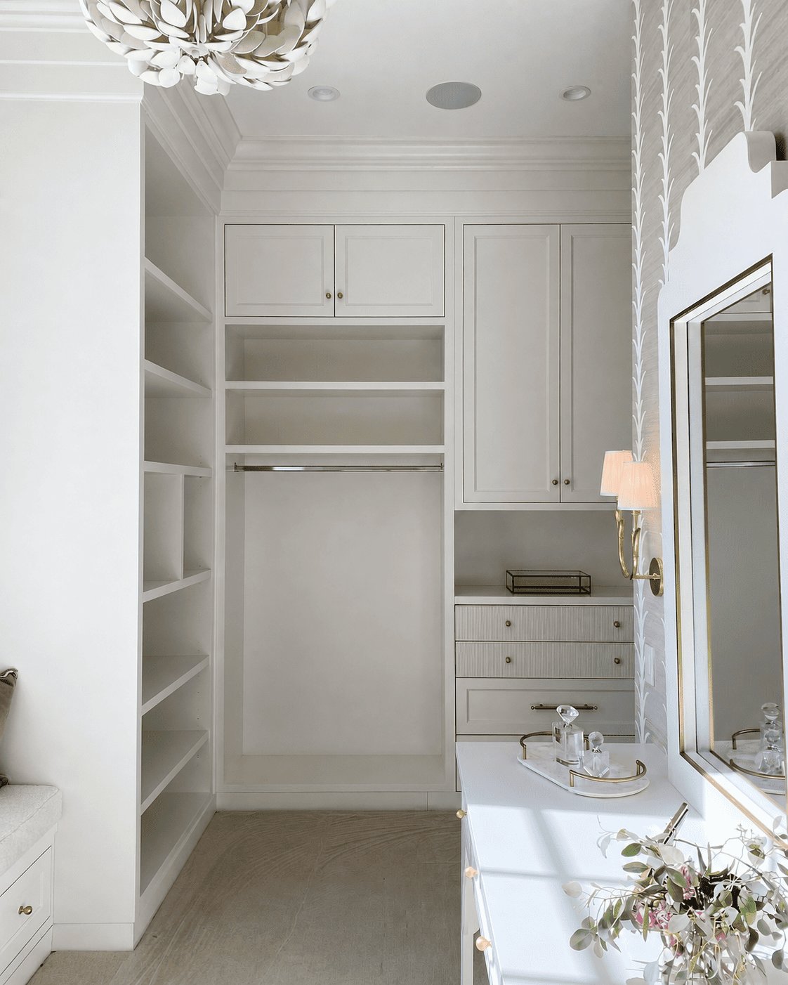 Coastal Collection closet with vanity and wallpaper