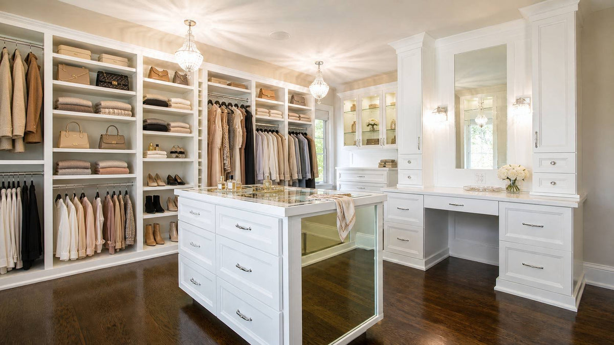 Custom walk-in closet with marble island