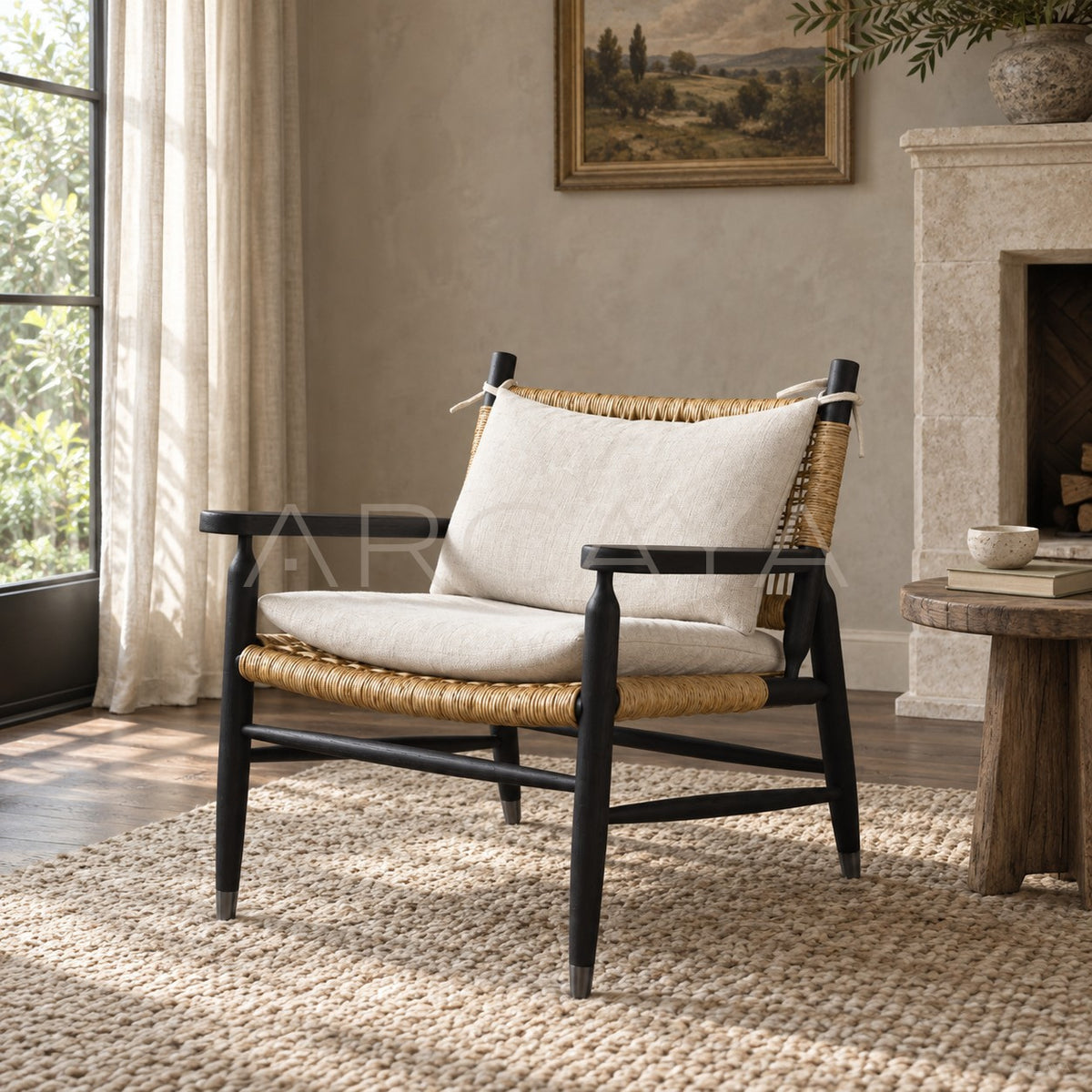 Oak Light Brushed Rattan Armchair in detail