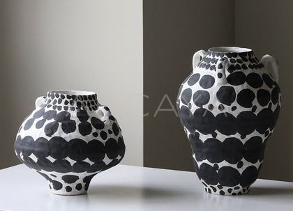 Wabi Sabi Black White Polka Dot Double Ear Vase - scene