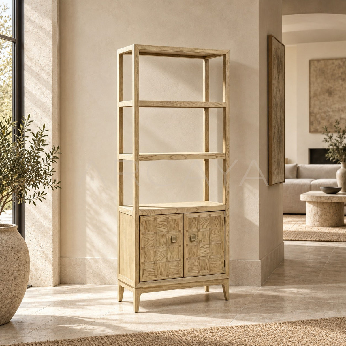 Oak Checkerboard Marquetry Open Tall Cabinet in detail
