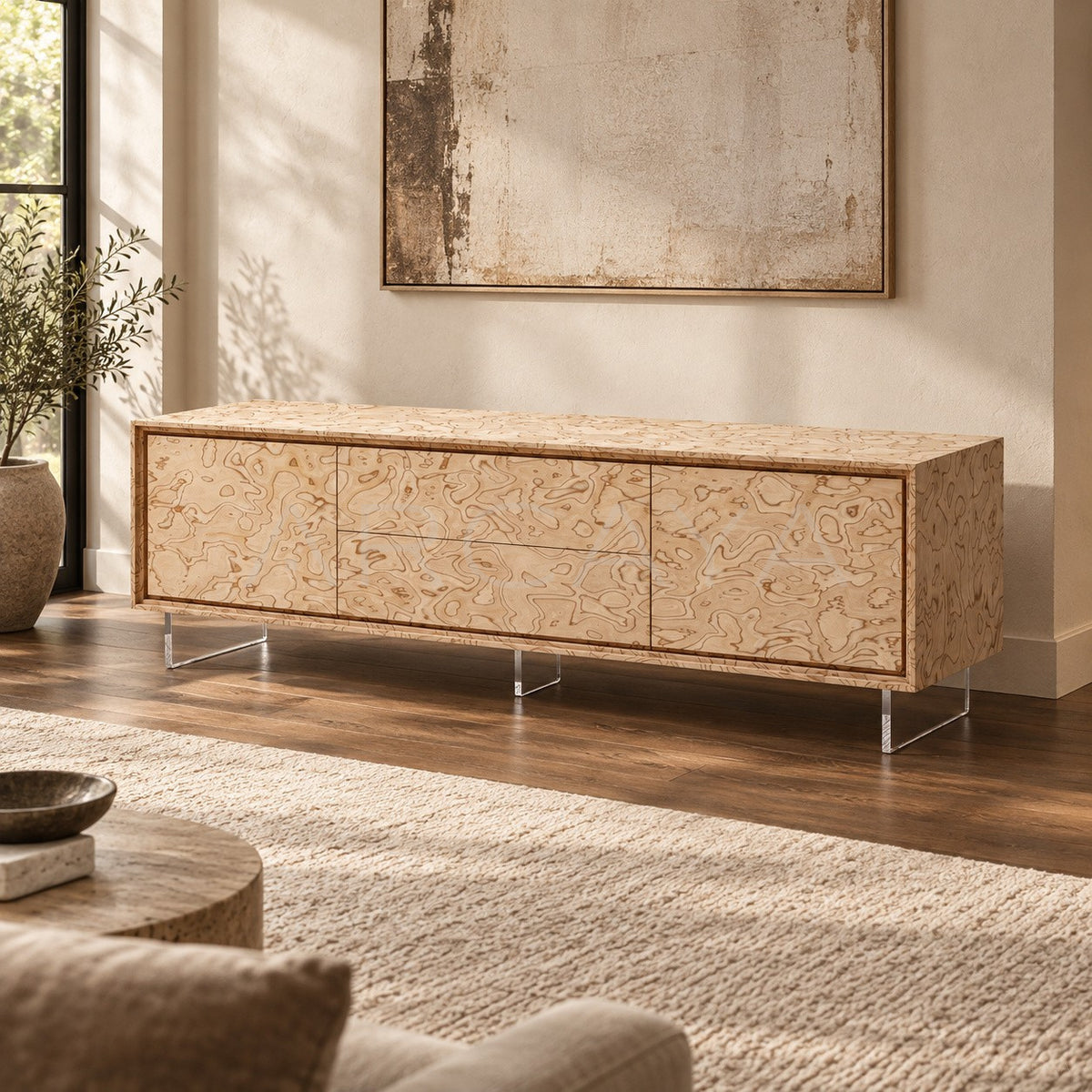 Art Burl Veneer Acrylic Leg Tv Stand in detail