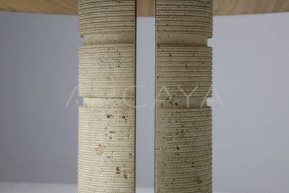 Burl Wood Travertine Base Round Dining Table - scene
