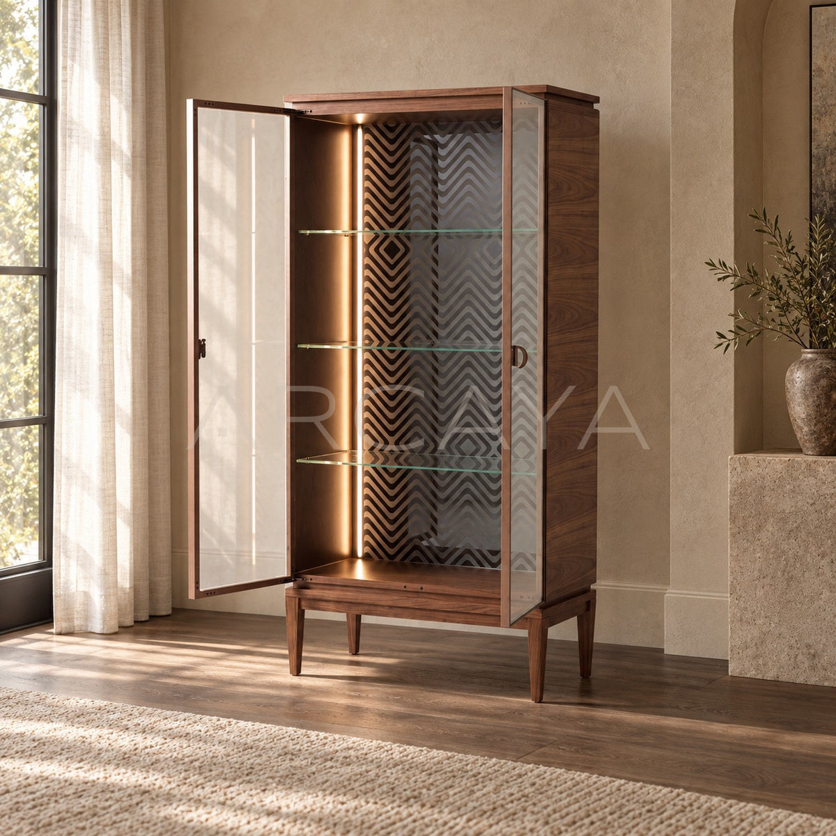 Mid Century Walnut Glass Door Lighted Wine Cabinet in detail