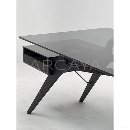 Smoked Wood Wing Frame Glass Multi Drawer Desk - scene