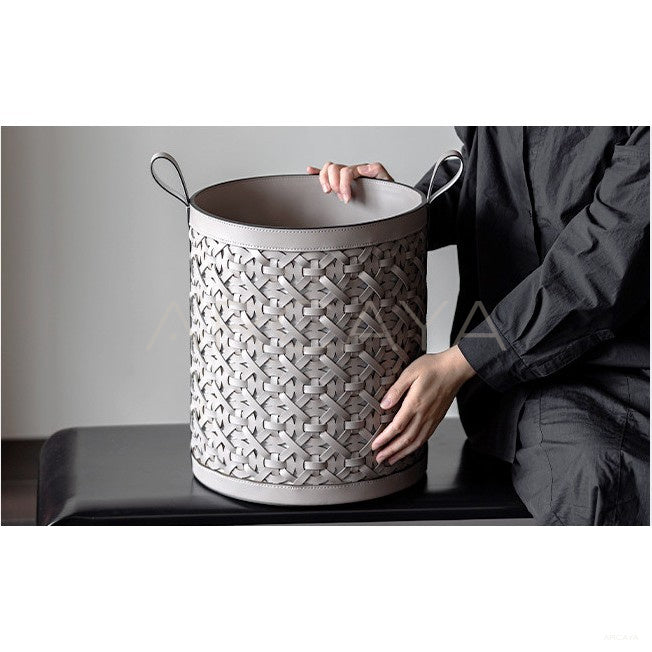 Vintage Handwoven Leather Laundry Hamper in detail