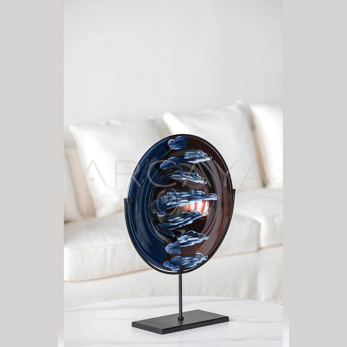 Gilded Hand Painted Glass Disc Ornament in detail