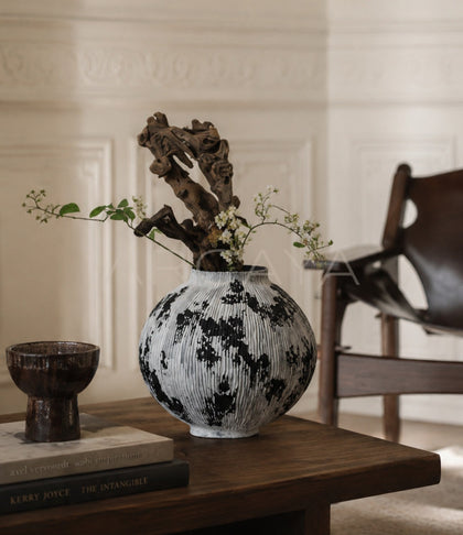 Wabi Sabi Black White Textured Ceramic Vase - scene