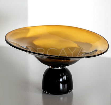 Amber Black Handmade Footed Glass Fruit Bowl - scene