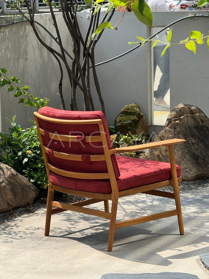 Burmese Teak Suede Red Lounge Chair - scene