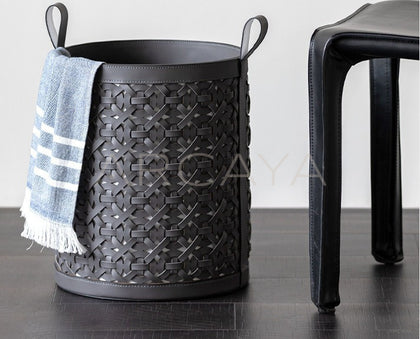 Vintage Handwoven Leather Laundry Hamper - scene