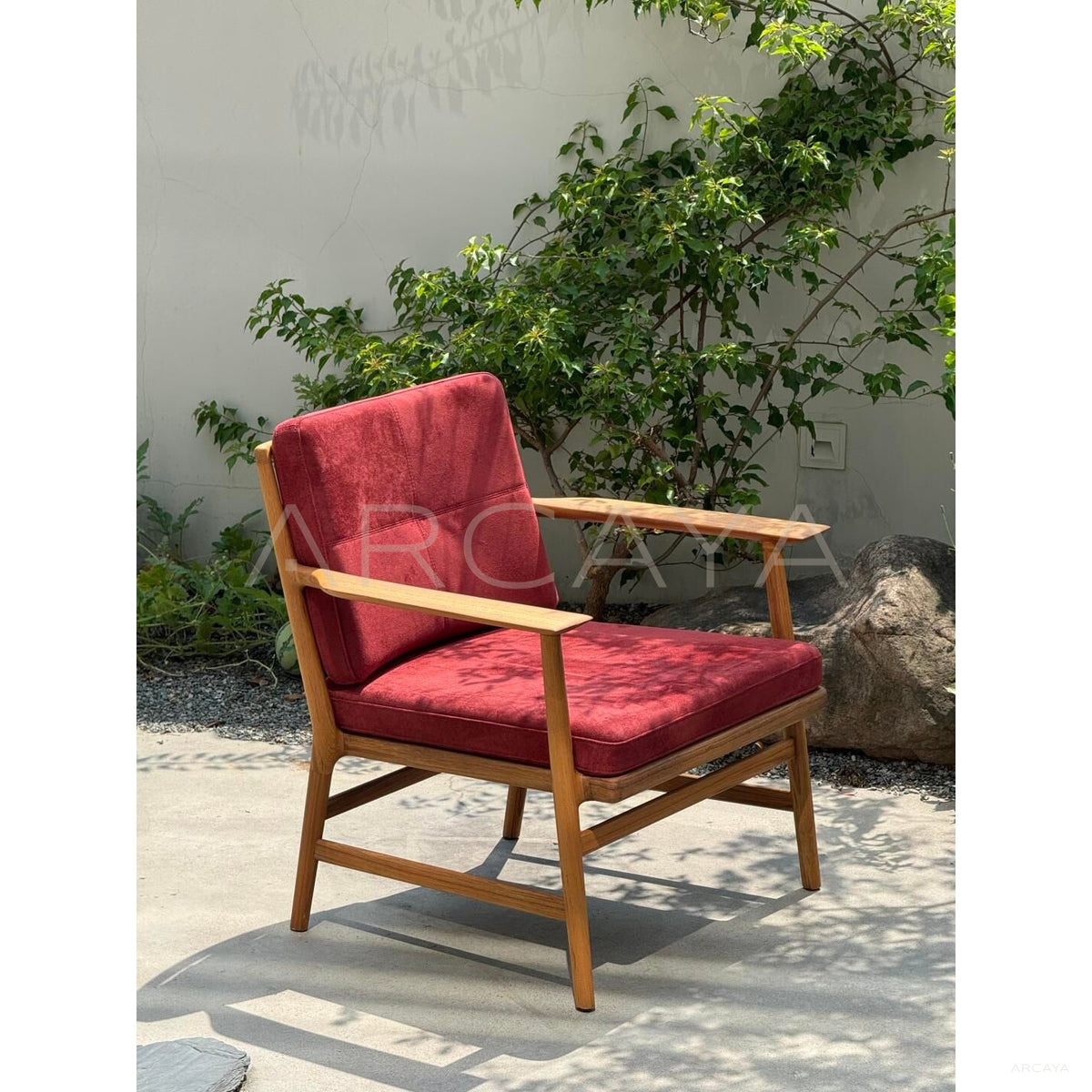 Burmese Teak Suede Red Lounge Chair in detail