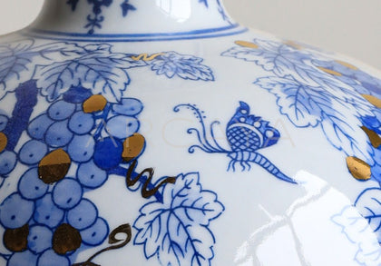Hand Painted Blue White Gilded Fruit Vase - scene