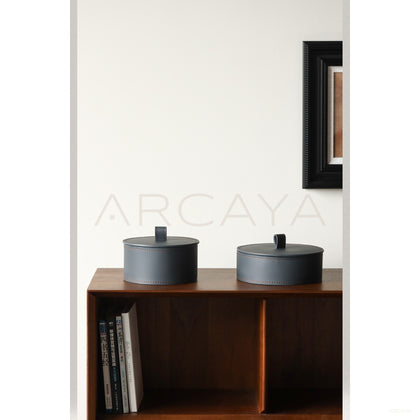 Dark Grey Leather Lidded Storage Jar - scene