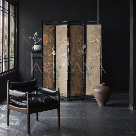 Bamboo Orchid Butterfly Double Sided Four Panel Screen - scene
