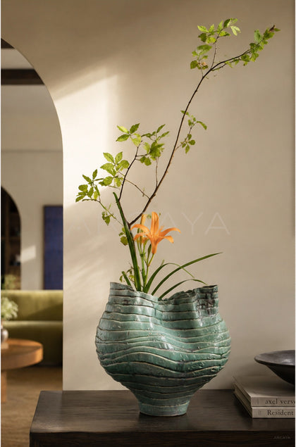 Wabi Sabi Green Rock Texture Ceramic Vase - scene