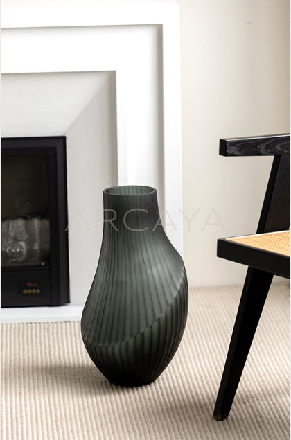 Hand Carved Irregular Dark Green Glass Vase - scene
