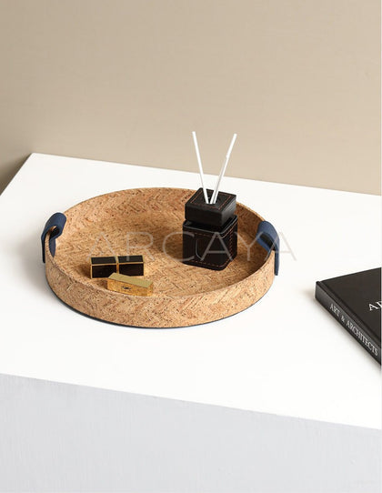 Natural Cork Woven Round Tray With Handle - scene