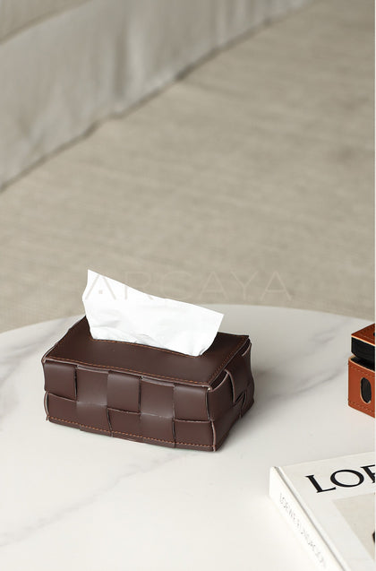 Vintage Brown Handwoven Leather Tissue Box - scene