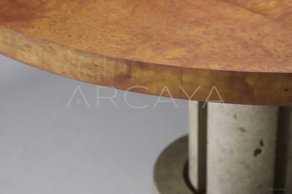 Burl Wood Travertine Base Round Dining Table - scene