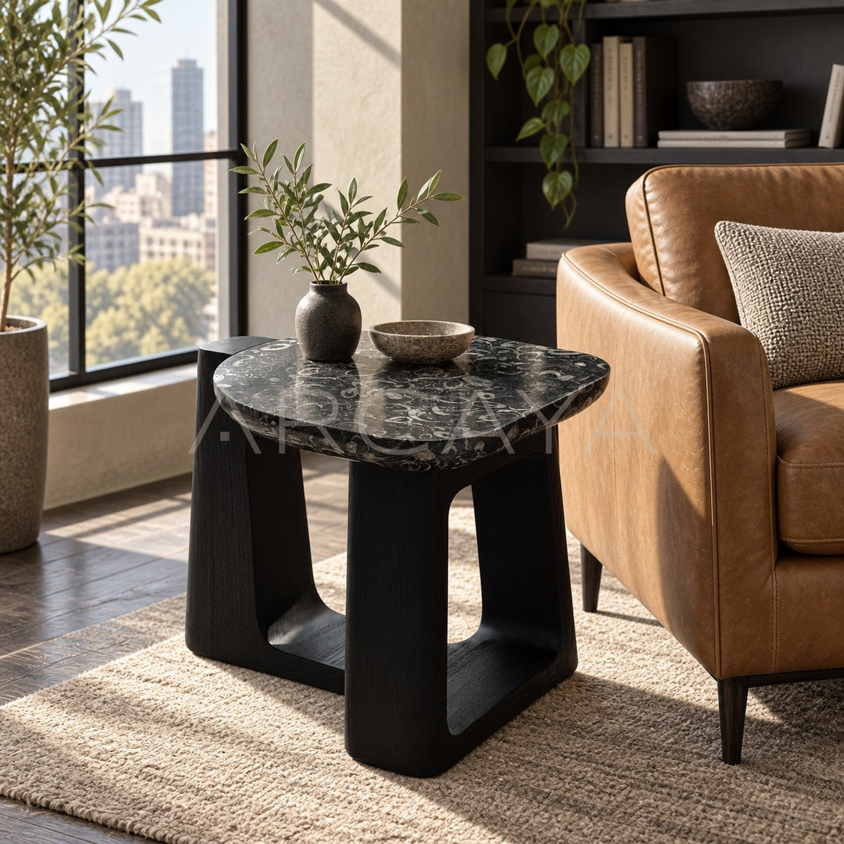 Marble Top Black Geometric Base Side Table - main