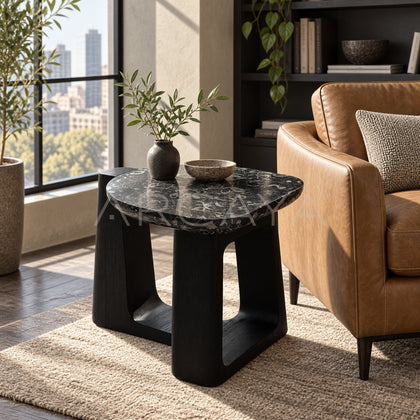 Marble Top Black Geometric Base Side Table - main