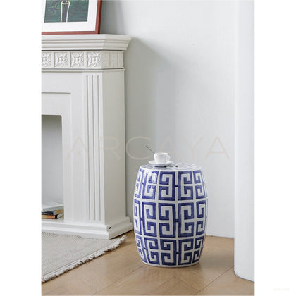 Blue White Fretwork Hand Painted Ceramic Drum Stool - scene