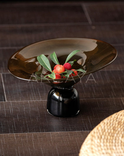 Amber Black Handmade Footed Glass Fruit Bowl - scene