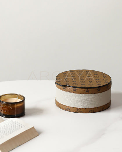 Vintage Two Tone Leather Round Storage Box - scene