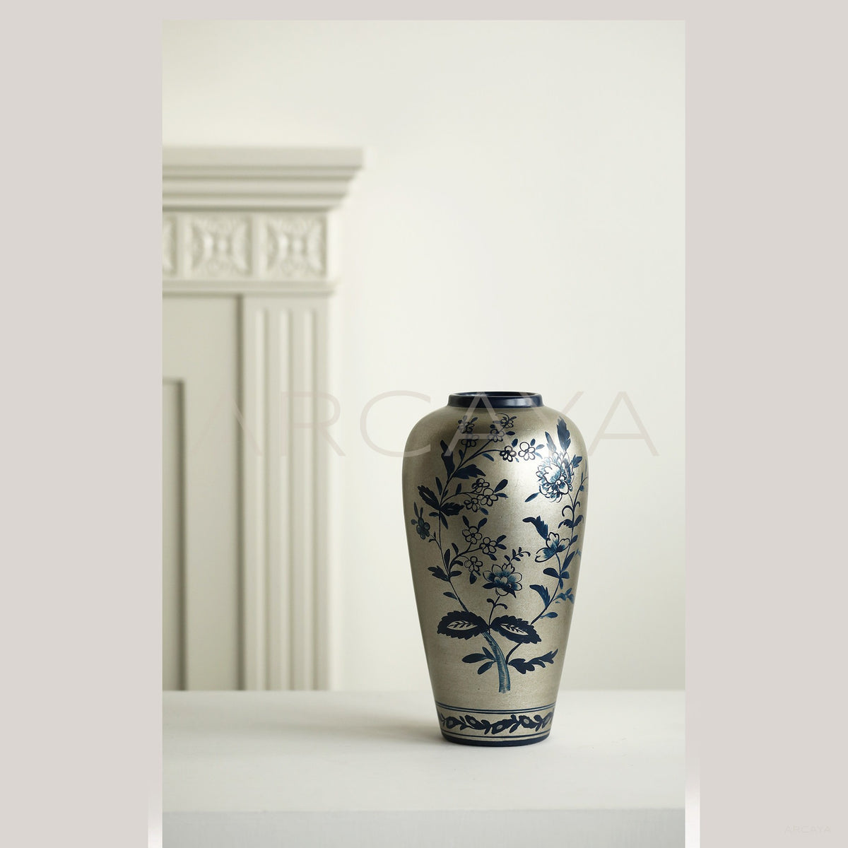 New Chinese Silver Base Blue White Vase in detail