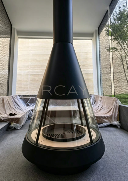 Trumpet Floor Standing Wood Burning Fireplace - scene
