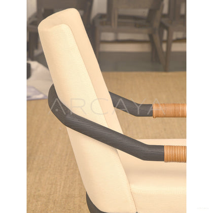 Old Money Oak Dining Chair Woven Leather Arms - scene