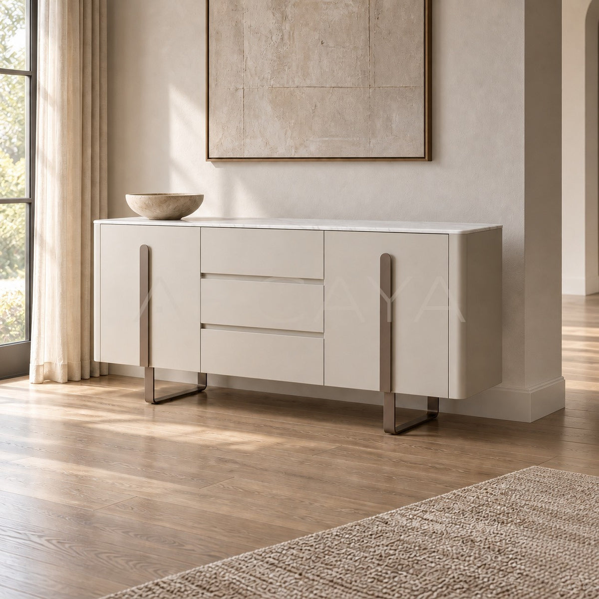 White Sintered Stone Light Grey Lacquer Sideboard in detail