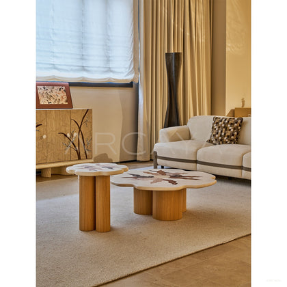 Organic Petal Marble Marquetry Nesting Coffee Table - scene