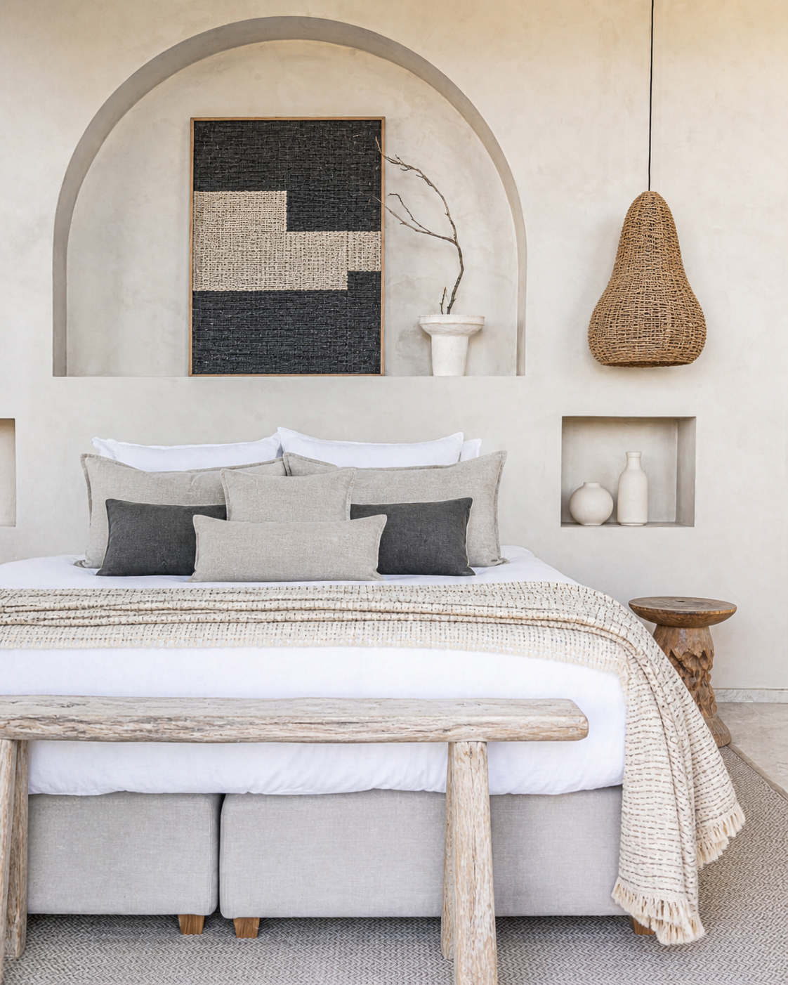 Mediterranean-style bedroom with textured art niche and woven pendant light