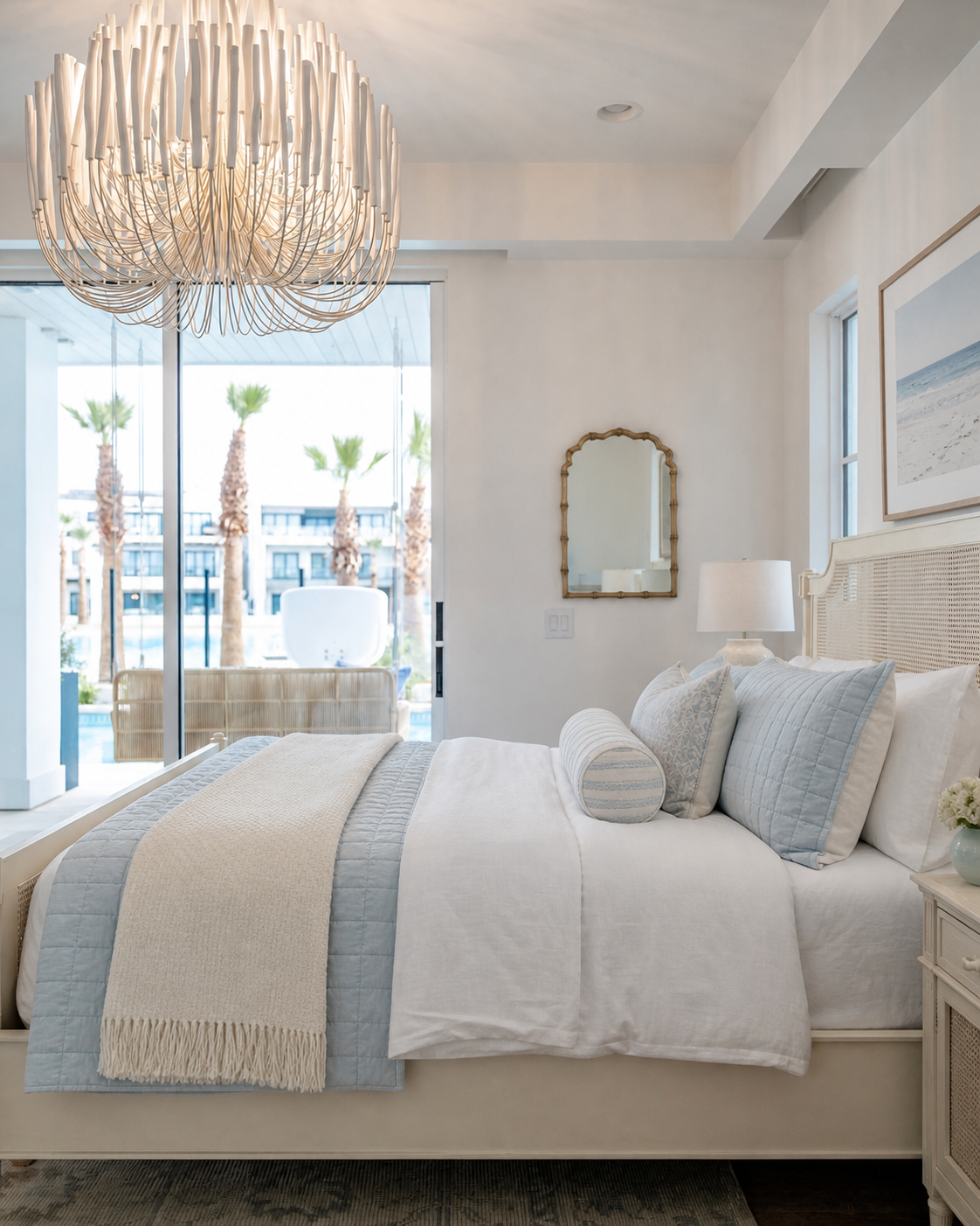 Bright bedroom design with layered bedding and soft blue accents