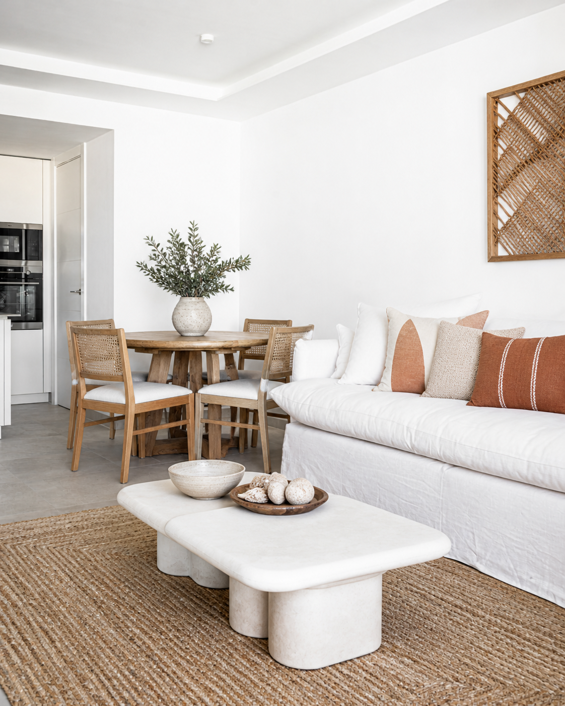 Light living and dining space with natural wood and soft textiles