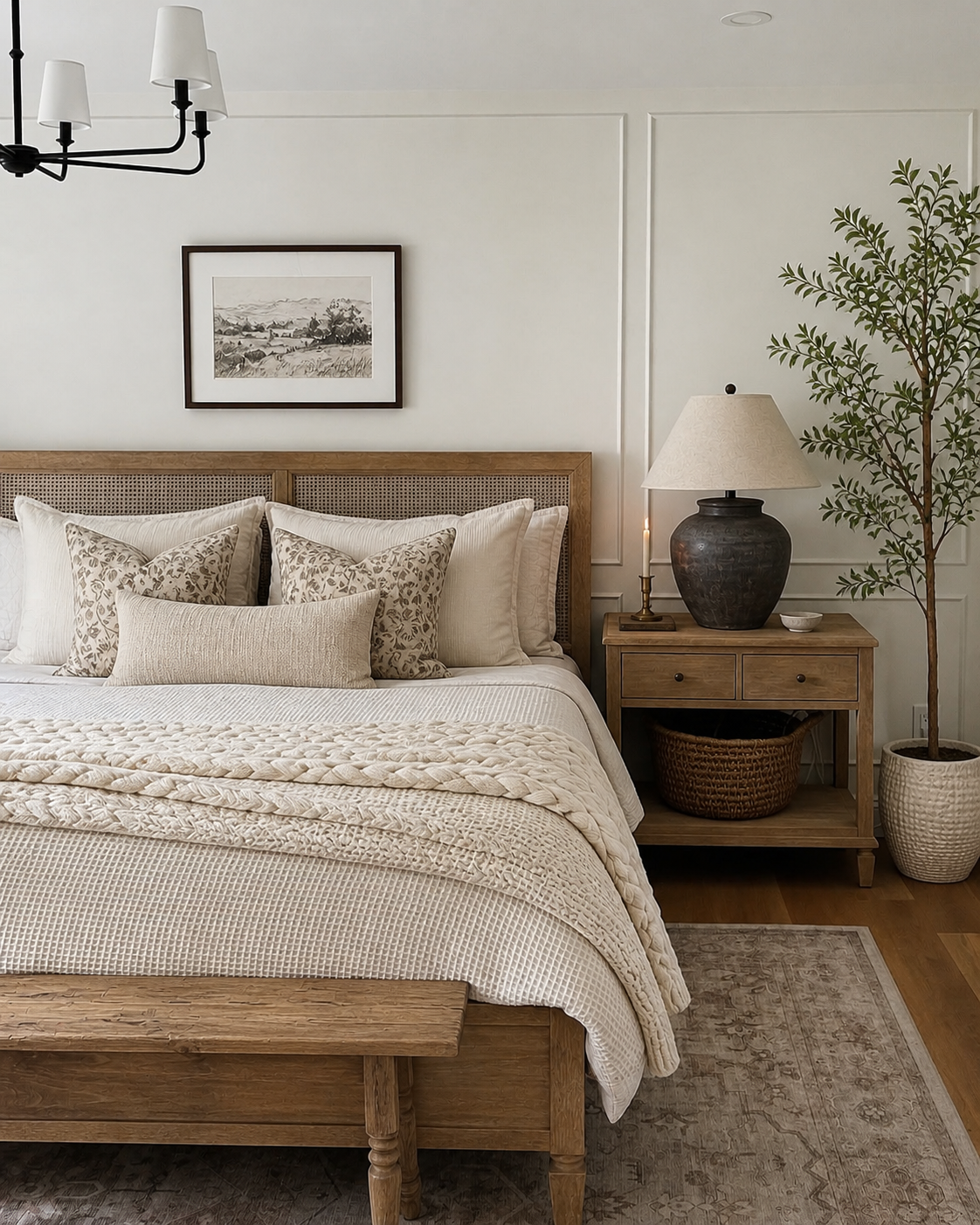 Farmhouse-style bedroom with woven headboard and layered neutral bedding