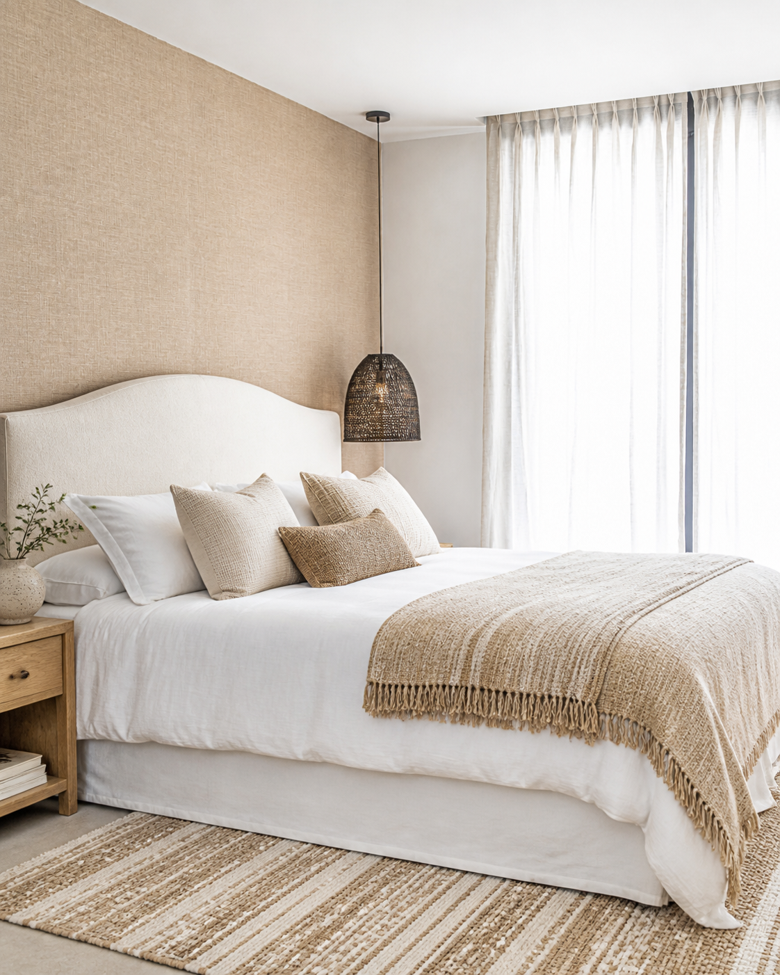 Neutral bedroom design with woven textures and warm natural tones