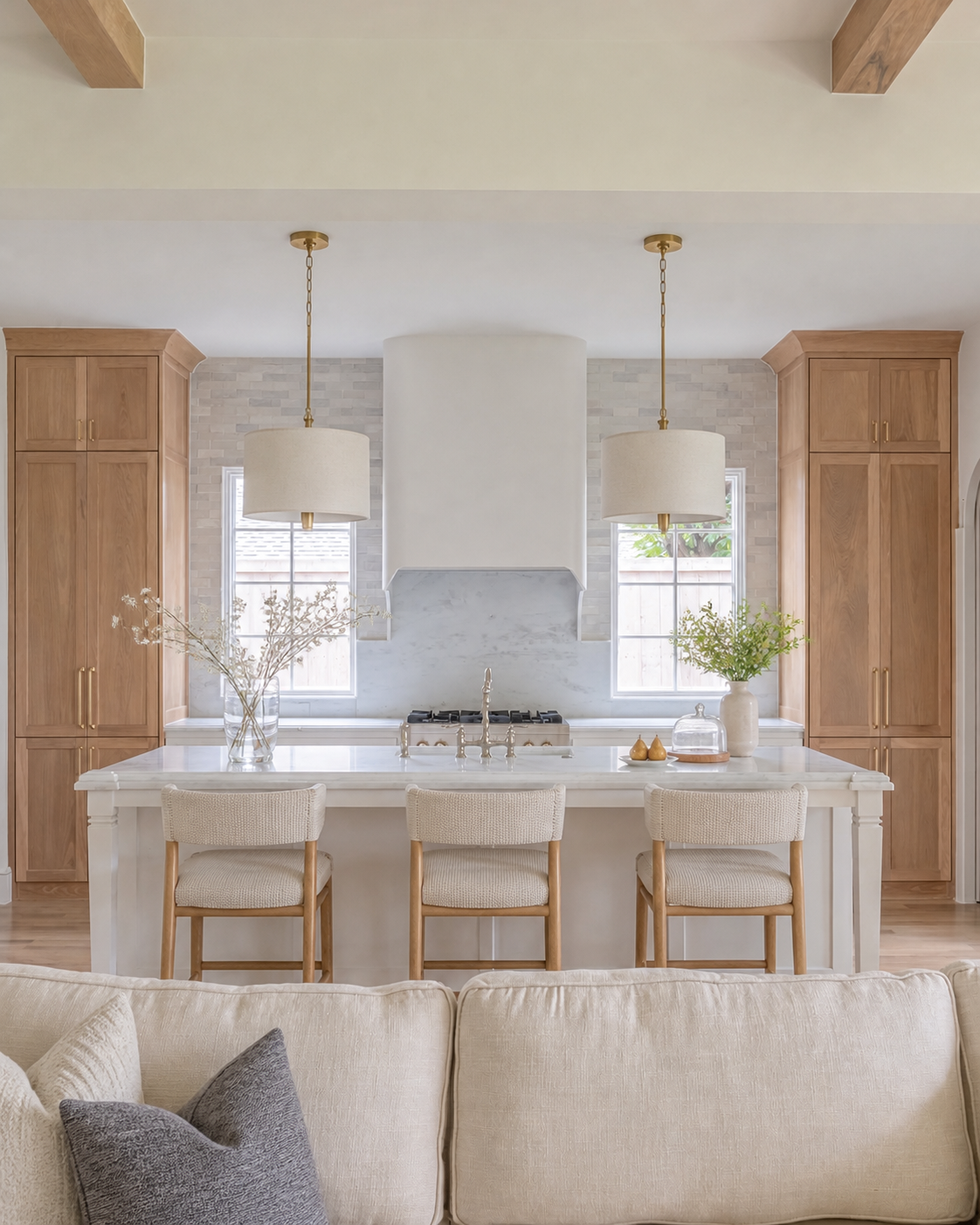 Modern farmhouse kitchen with open wood shelving and brass fixtures