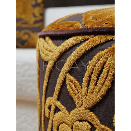 Gold Floral Velvet Fringe Pouf — Ottoman - scene