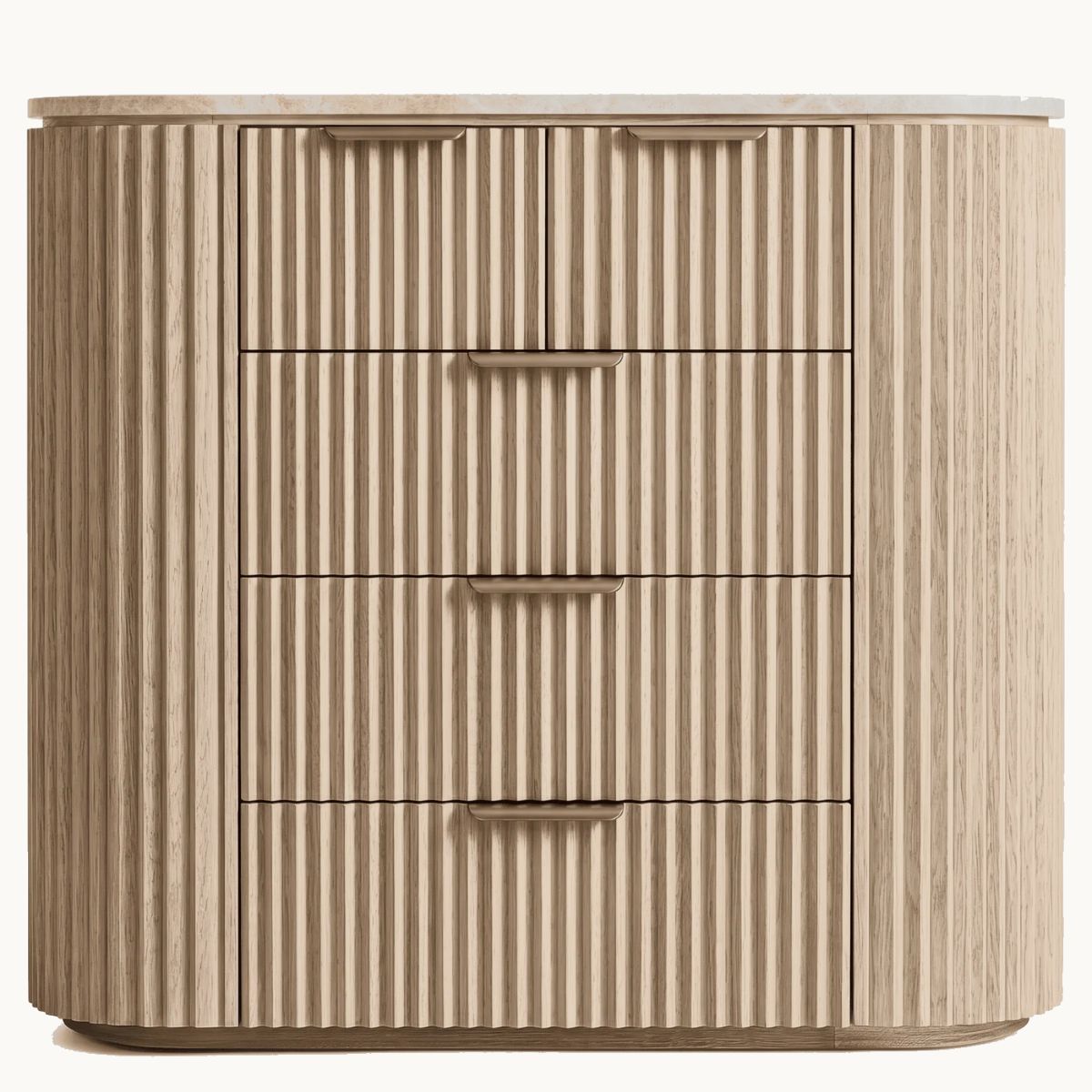 Marble Top Fluted Oak Five-Drawer Dresser
