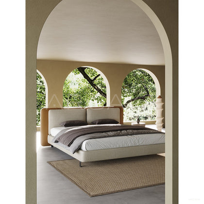Saddle Leather Linen Wide Headboard Bed - scene