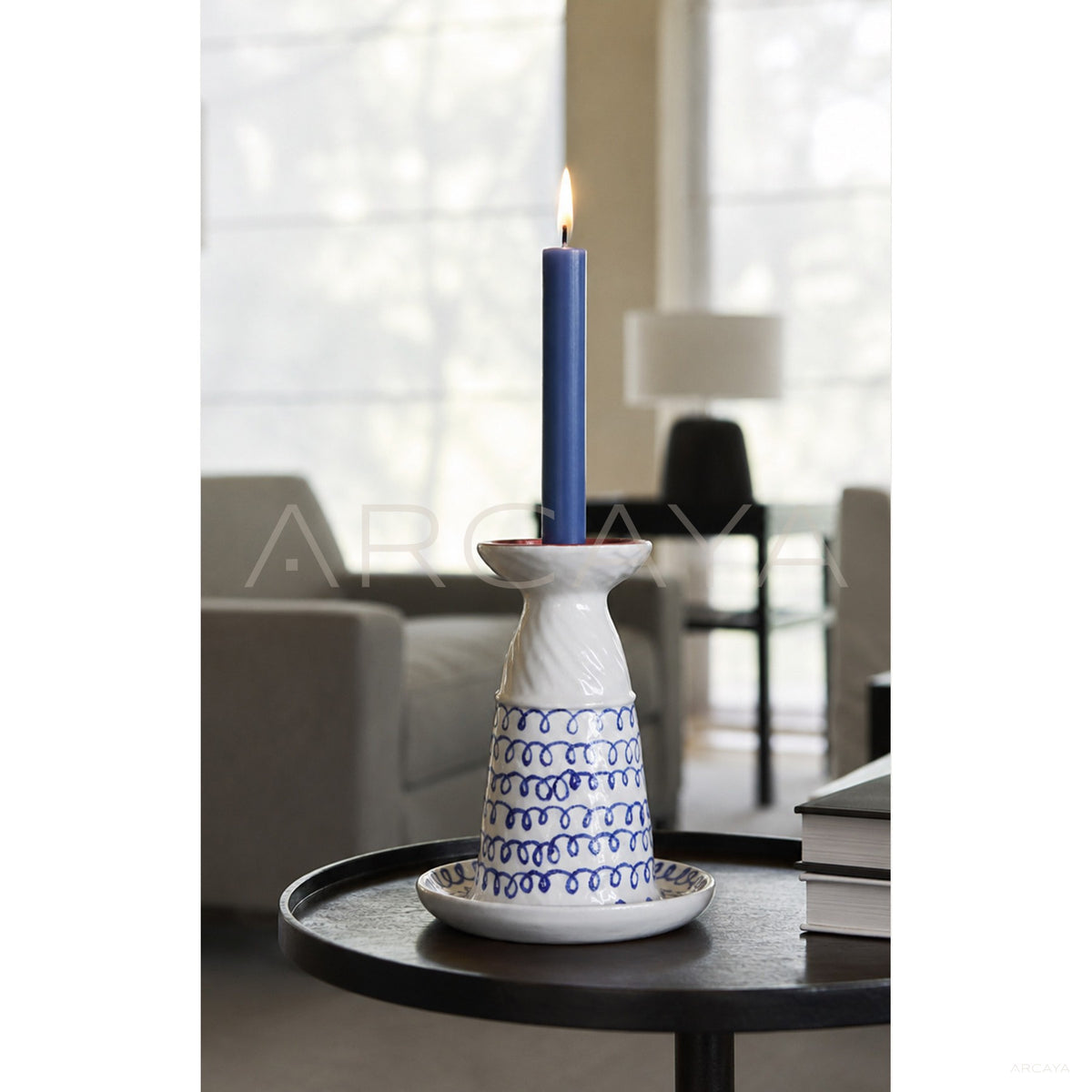 Hand Painted Blue White Candle Holder in detail