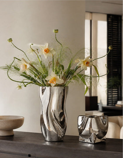 Twisted Pleated Silver Plated Ceramic Vase - scene