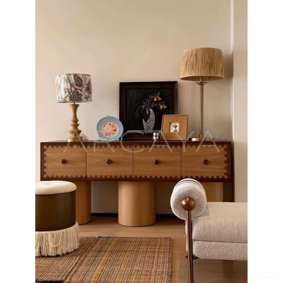 Vintage Wood Lace Trim Sideboard in detail